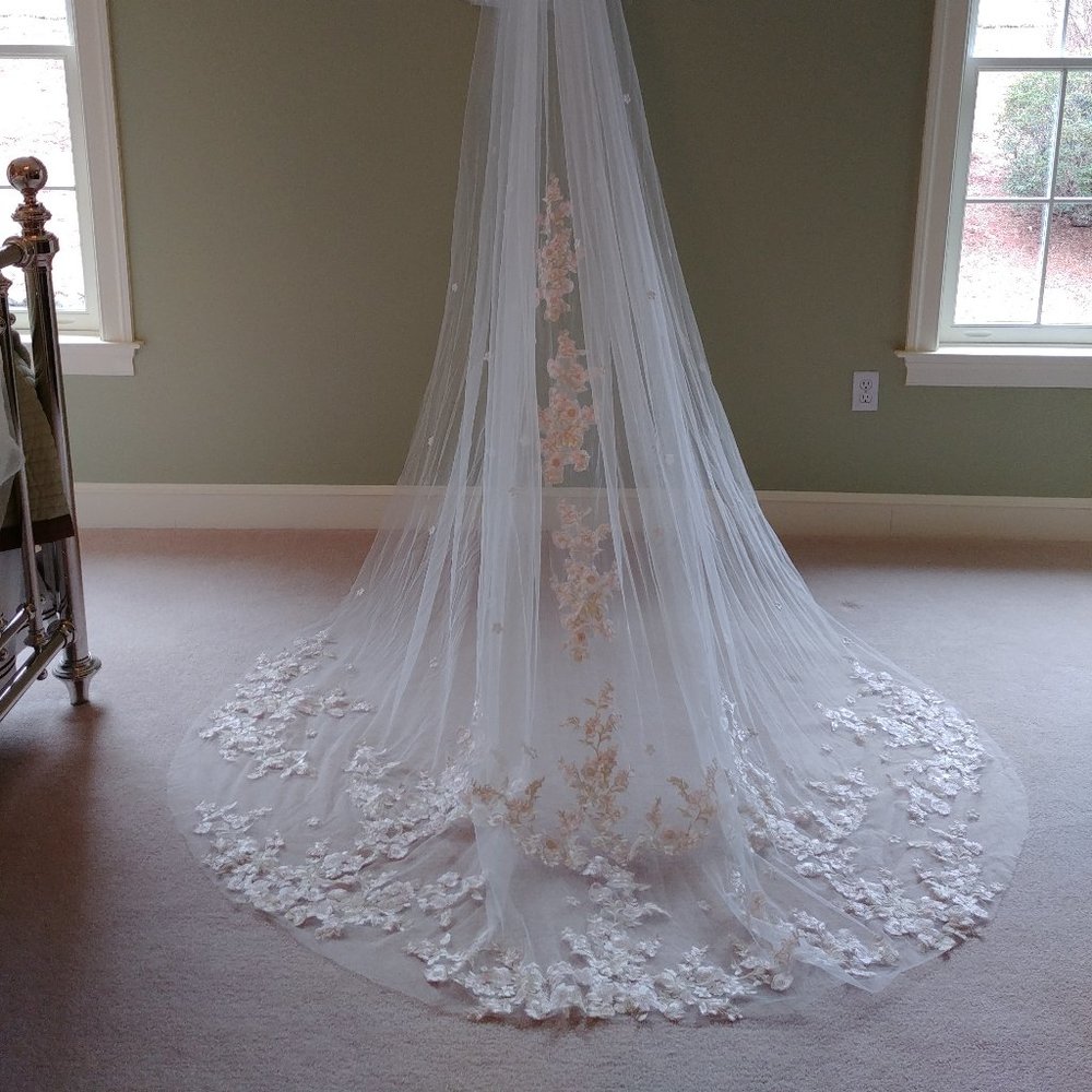 White and subtle pink lace veil trailing 3 meters